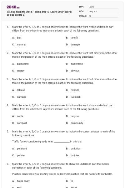 Bộ 3 Đề kiểm tra Unit 8 - Tiếng anh 10 iLearn Smart World có đáp án (Đề 3)