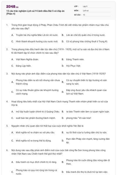 15 câu trắc nghiệm Lịch sử 9 Cánh diều Bài 5 có đáp án (Phần 4)