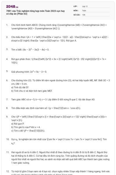 7881 câu  Trắc nghiệm tổng hợp môn Toán 2023 cực hay có đáp án (Phần 63)