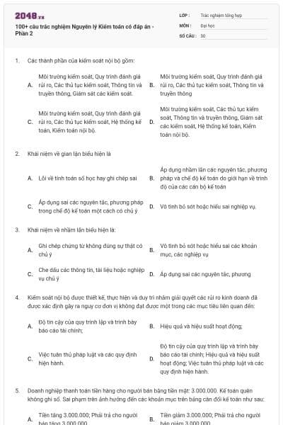 100+ câu trắc nghiệm Nguyên lý Kiểm toán có đáp án - Phần 2
