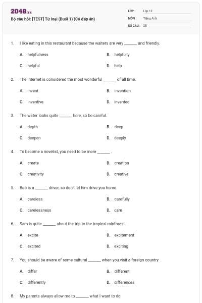 Bộ câu hỏi: [TEST] Từ loại (Buổi 1) (Có đáp án)