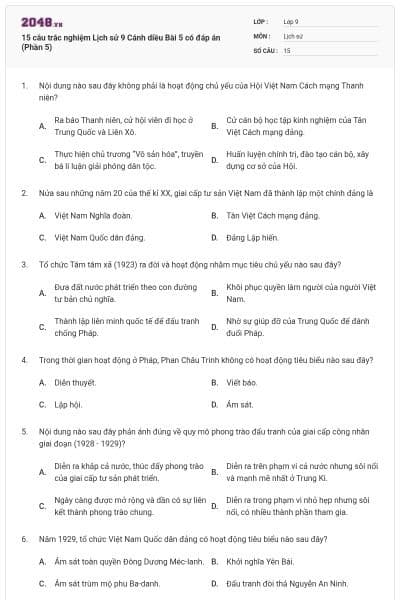 15 câu trắc nghiệm Lịch sử 9 Cánh diều Bài 5 có đáp án (Phần 5)