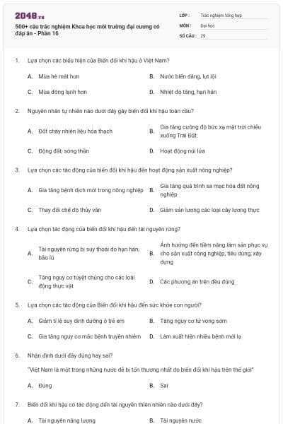 500+ câu trắc nghiệm Khoa học môi trường đại cương có đáp án - Phần 16