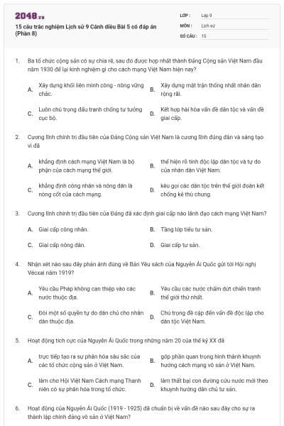 15 câu trắc nghiệm Lịch sử 9 Cánh diều Bài 5 có đáp án (Phần 8)