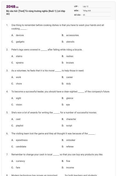Bộ câu hỏi: [Test] Từ cùng trường nghĩa (Buổi 1) (có đáp án)