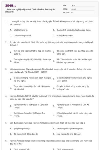 15 câu trắc nghiệm Lịch sử 9 Cánh diều Bài 5 có đáp án (Phần 10)