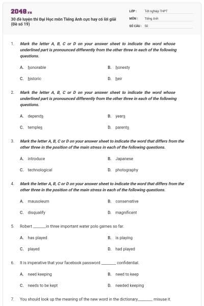 30 đề luyện thi Đại Học môn Tiếng Anh cực hay có lời giải (Đề số 19)