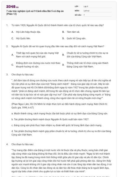 7 câu trắc nghiệm Lịch sử 9 Cánh diều Bài 5 có đáp án (Phần 12)