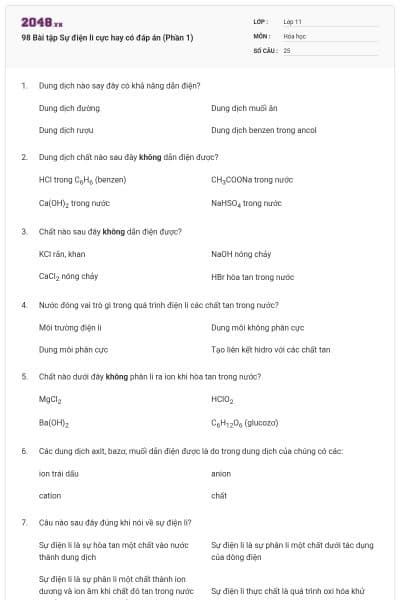 98 Bài tập Sự điện li cực hay có đáp án (Phần 1)