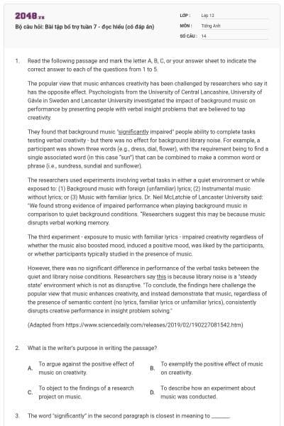 Bộ câu hỏi: Bài tập bổ trợ tuần 7 - đọc hiểu (có đáp án)