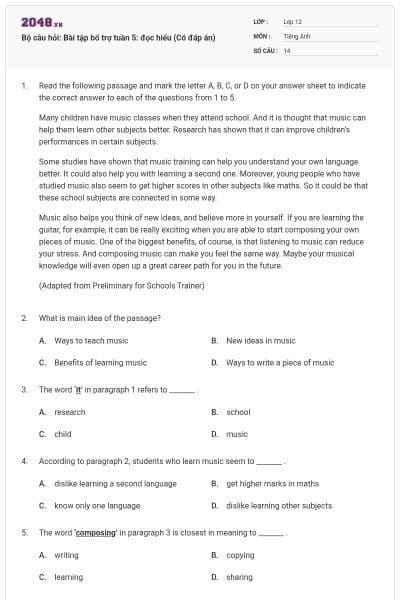 Bộ câu hỏi: Bài tập bổ trợ tuần 5: đọc hiểu (Có đáp án)