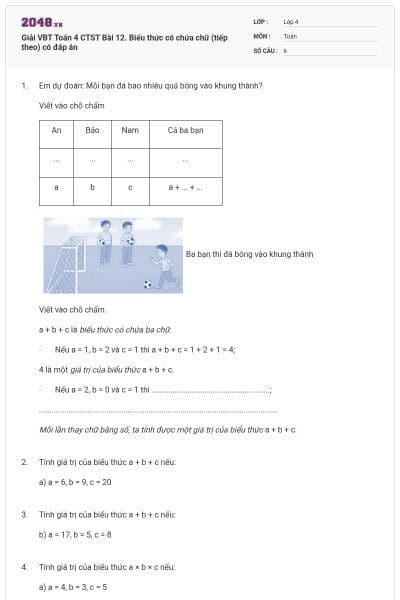 Giải VBT Toán 4 CTST Bài 12. Biểu thức có chứa chữ (tiếp theo) có đáp án