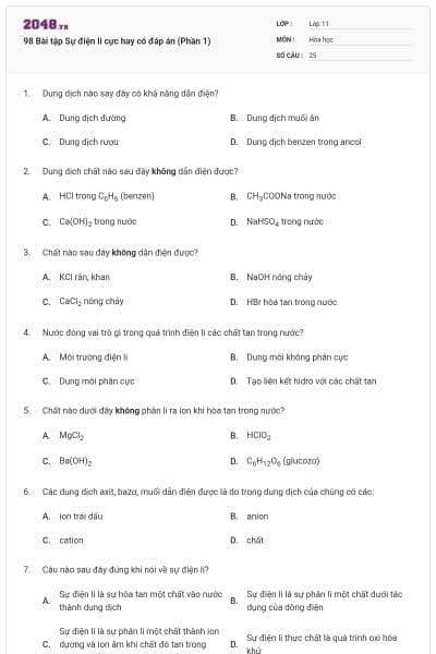 98 Bài tập Sự điện li cực hay có đáp án (Phần 1)