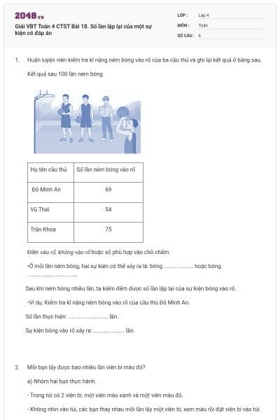 Giải VBT Toán 4 CTST Bài 18. Số lần lặp lại của một sự kiện có đáp án