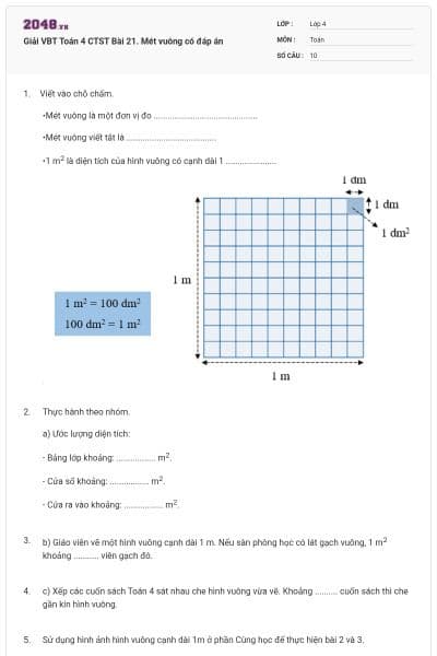 Giải VBT Toán 4 CTST Bài 21. Mét vuông có đáp án