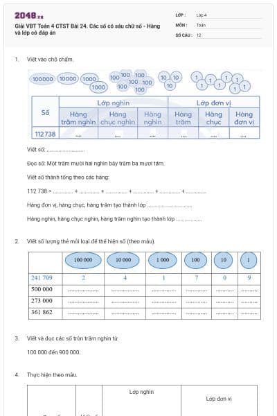 Giải VBT Toán 4 CTST Bài 24. Các số có sáu chữ số - Hàng và lớp có đáp án