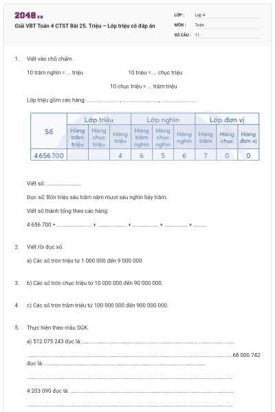 Giải VBT Toán 4 CTST Bài 25. Triệu – Lớp triệu có đáp án