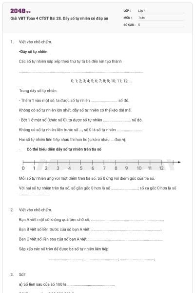 Giải VBT Toán 4 CTST Bài 28. Dãy số tự nhiên có đáp án