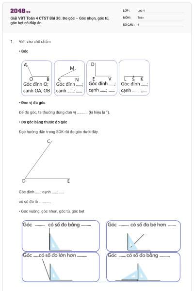 Giải VBT Toán 4 CTST Bài 30. Đo góc – Góc nhọn, góc tù, góc bẹt có đáp án