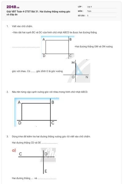 Giải VBT Toán 4 CTST Bài 31. Hai đường thẳng vuông góc có đáp án