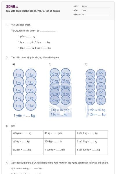 Giải VBT Toán 4 CTST Bài 36. Yến, tạ, tấn có đáp án