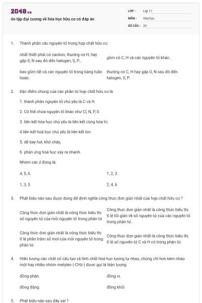 ôn tập đại cương về hóa học hữu cơ có đáp án