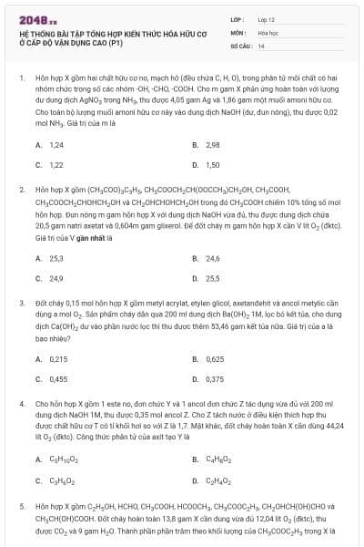 HỆ THỐNG BÀI TẬP TỔNG HỢP KIẾN THỨC HÓA HỮU CƠ Ở CẤP ĐỘ VẬN DỤNG CAO (P1)