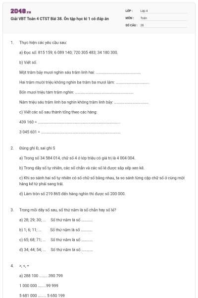 Giải VBT Toán 4 CTST Bài 38. Ôn tập học kì 1 có đáp án