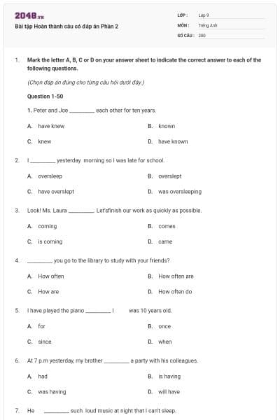 Bài tập Hoàn thành câu có đáp án Phần 2