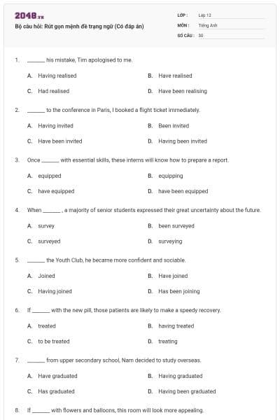 Bộ câu hỏi: Rút gọn mệnh đề trạng ngữ (Có đáp án)