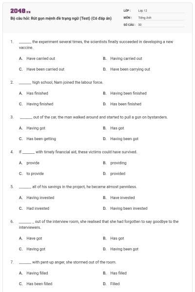 Bộ câu hỏi: Rút gọn mệnh đề trạng ngữ (Test) (Có đáp án)