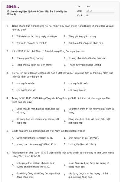 15 câu trắc nghiệm Lịch sử 9 Cánh diều Bài 6 có đáp án (Phần 4)