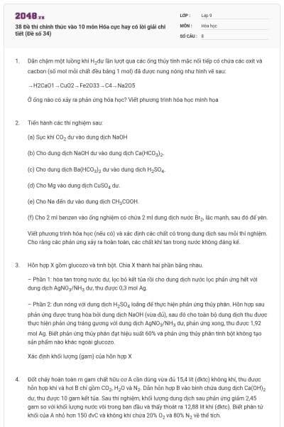 38 Đề thi chính thức vào 10 môn Hóa cực hay có lời giải chi tiết (Đề số 34)