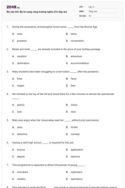 Bộ câu hỏi: Bộ từ vựng cùng trường nghĩa (Có đáp án)