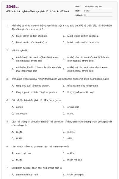 400+ câu trắc nghiệm Sinh học phân tử có đáp án - Phần 6