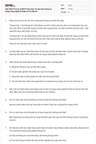 Giải SGK Tin học 8 KNTT Đạo đức và văn hóa trong sử dụng công nghệ kĩ thuật số có đáp án
