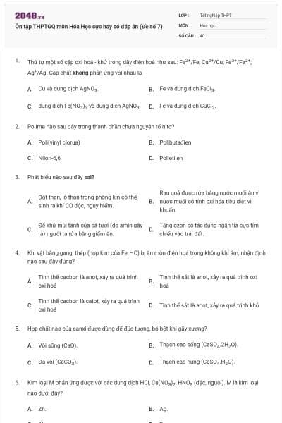 Ôn tập THPTGQ môn Hóa Học cực hay có đáp án (Đề số 7)