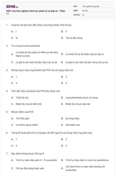 400+ câu trắc nghiệm Sinh học phân tử có đáp án - Phần 11