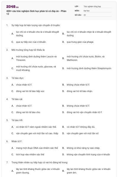 400+ câu trắc nghiệm Sinh học phân tử có đáp án - Phần 12