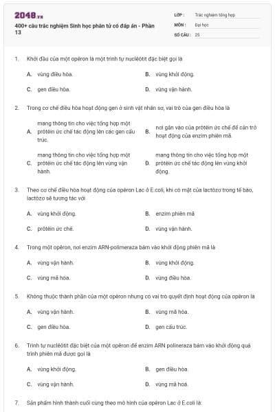 400+ câu trắc nghiệm Sinh học phân tử có đáp án - Phần 13