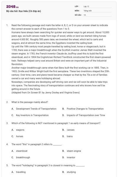 Bộ câu hỏi: Đọc hiểu (Có đáp án)