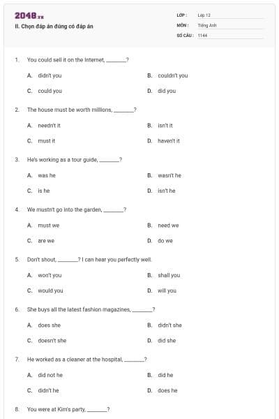 II. Chọn đáp án đúng có đáp án