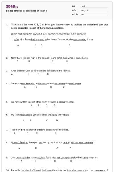 Bài tập Tìm sửa lỗi sai có đáp án Phần 1
