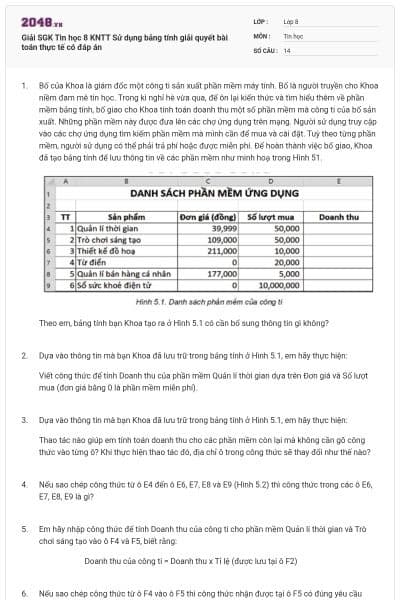 Giải SGK Tin học 8 KNTT Sử dụng bảng tính giải quyết bài toán thực tế có đáp án