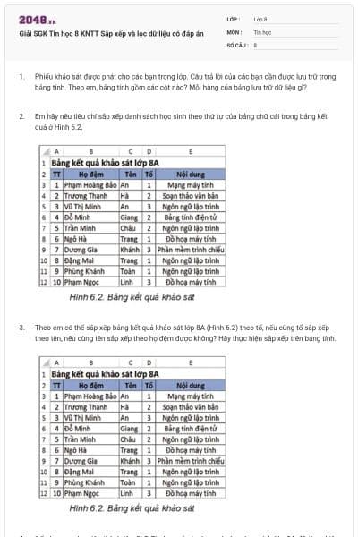 Giải SGK Tin học 8 KNTT Sắp xếp và lọc dữ liệu có đáp án