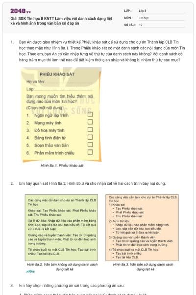 Giải SGK Tin học 8 KNTT Làm việc với danh sách dạng liệt kê và hình ảnh trong văn bản có đáp án