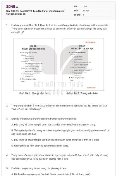 Giải SGK Tin học 8 KNTT Tạo đầu trang, chân trang cho văn bản có đáp án