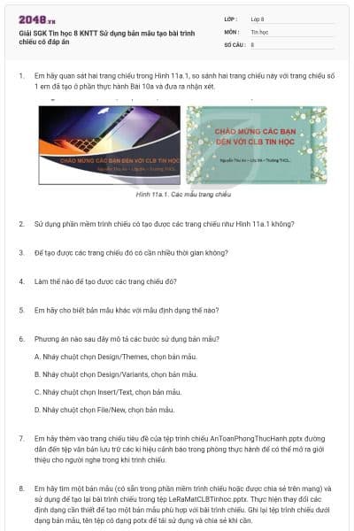 Giải SGK Tin học 8 KNTT Sử dụng bản mẫu tạo bài trình chiếu có đáp án