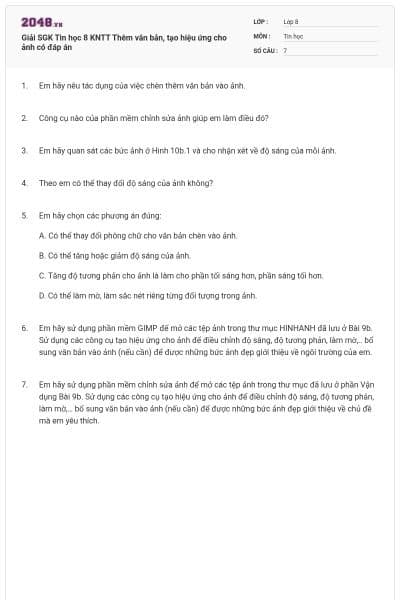 Giải SGK Tin học 8 KNTT Thêm văn bản, tạo hiệu ứng cho ảnh có đáp án