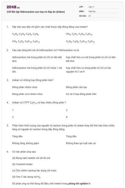 230 Bài tập Hidrocacbon cực hay có đáp án (Ankan)